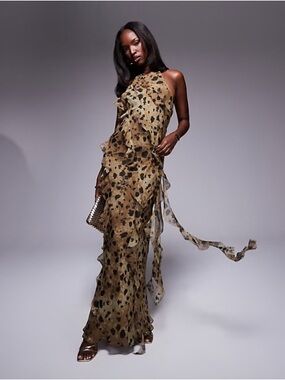 ASOS Leopard Print Ruffle Halter Maxi Dress